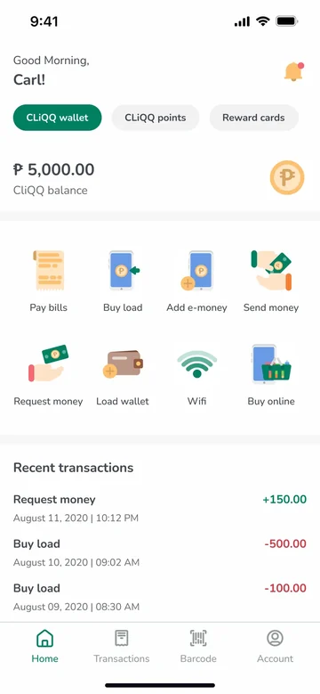 CLiQQ redesign: the home screen with wallet, points and reward cards tabs