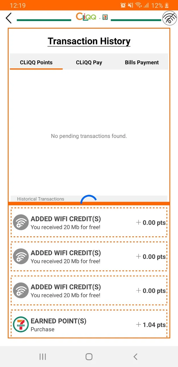 Original CLiQQ transaction history with dashed orange outlines and small text