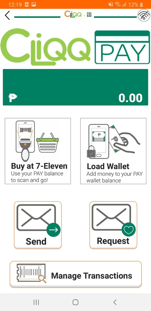 Original CLiQQ Pay screen with a large logo, a balance bar and four large action tiles
