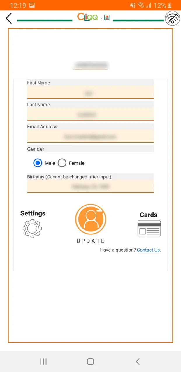Original CLiQQ profile form with personal details blurred, and Settings and Cards icons below it