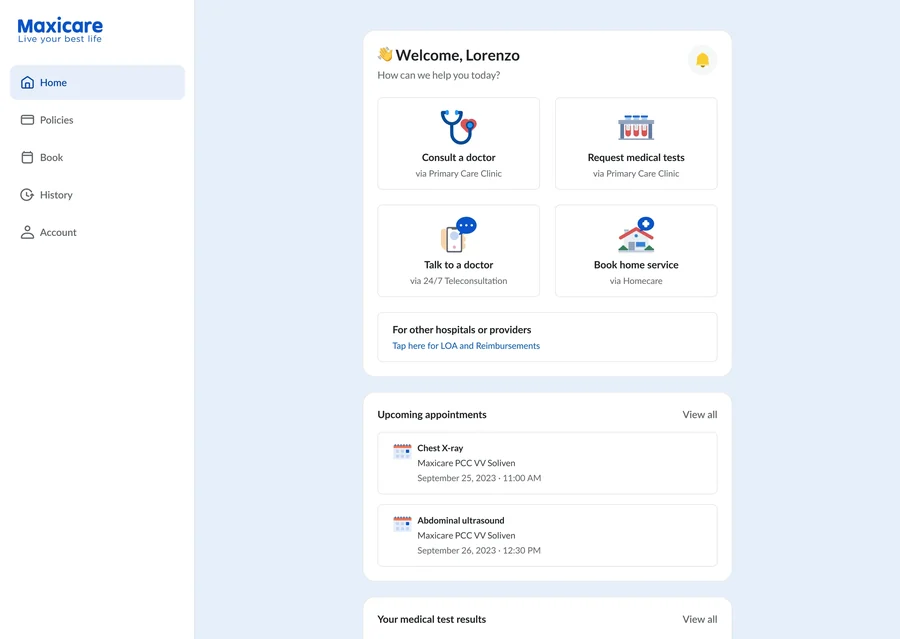 Maxicare Members Portal home on desktop, with service cards and upcoming appointments