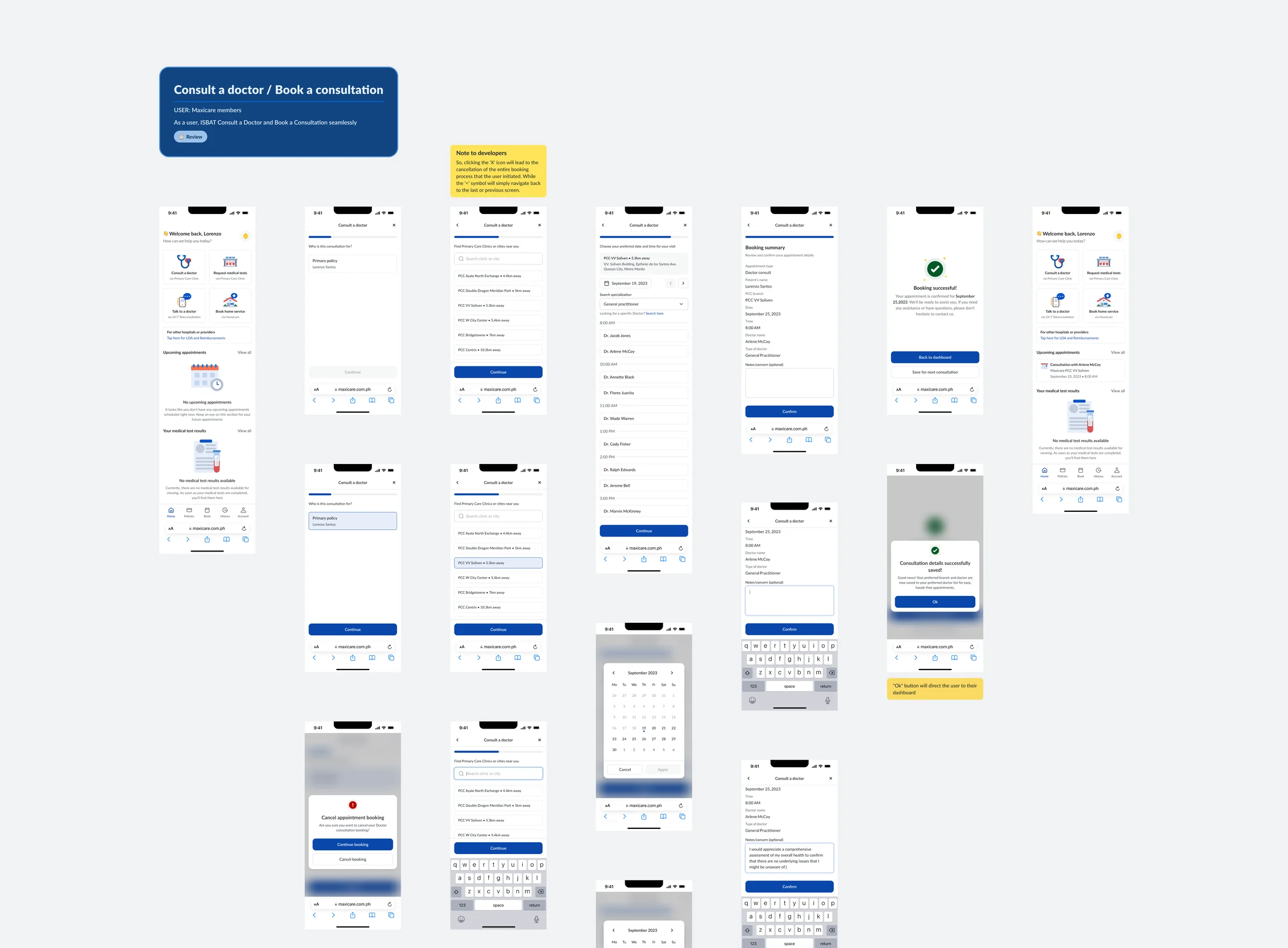 High fidelity consultation flow on a Figma canvas: home, choosing the policy, finding a clinic, picking a date, time and doctor, the booking summary, success and saved details screens, a cancel booking dialog, and yellow notes to developers