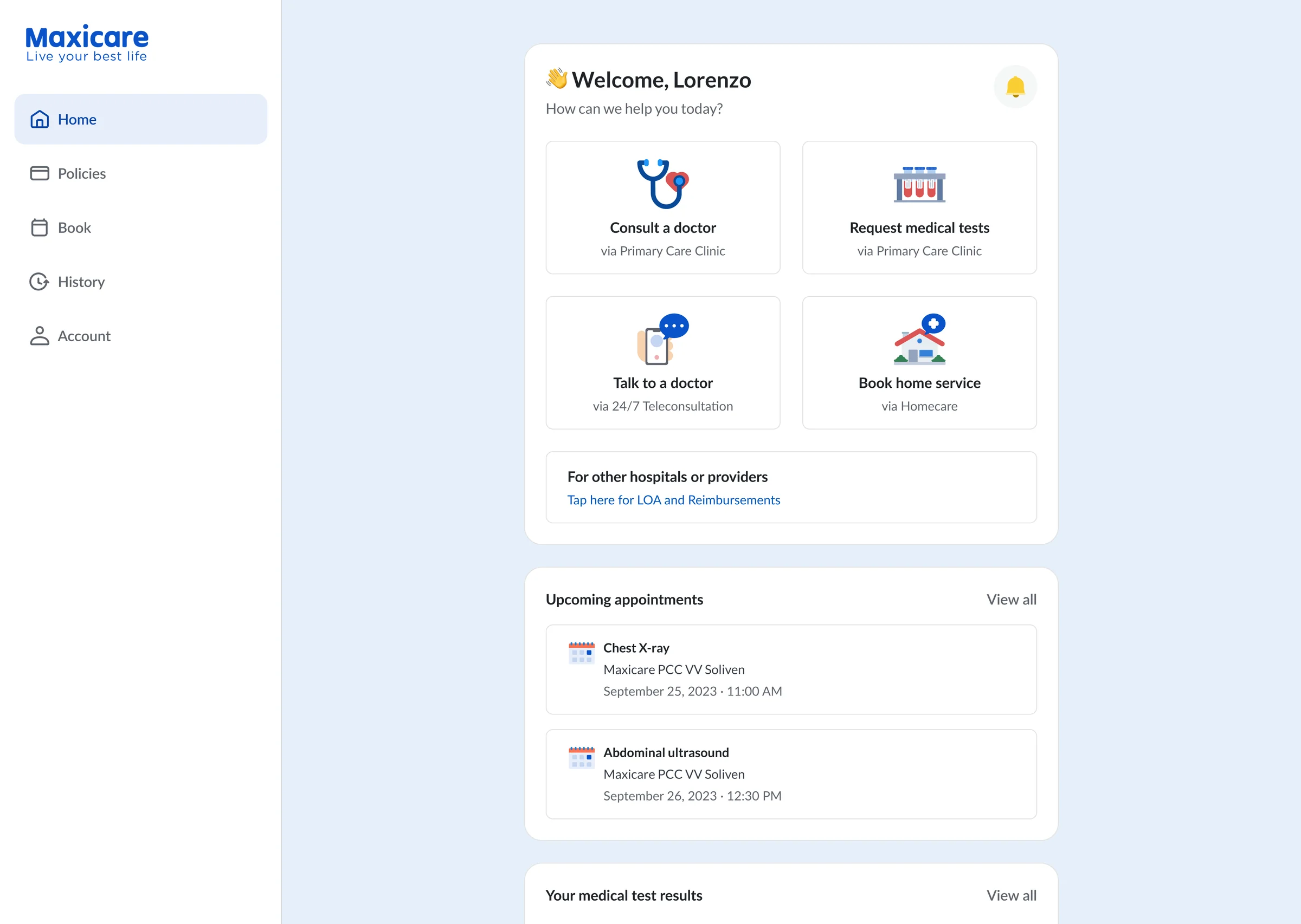Members Portal home on desktop: sidebar navigation, four service cards for consulting a doctor, requesting medical tests, teleconsultation and home service, and upcoming appointments