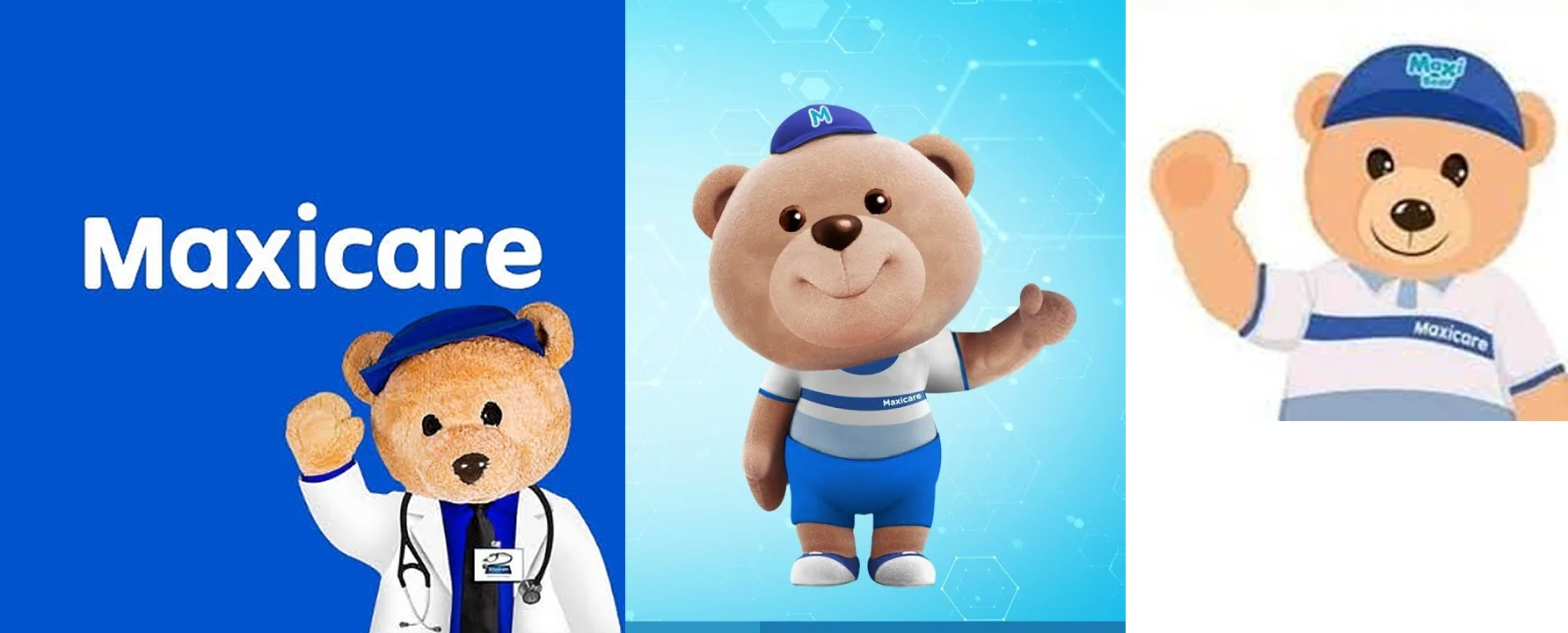 Maxicare's existing bear mascot in three different styles: a photographed plush bear in a doctor's coat, a 3D rendered bear in a striped shirt and cap, and a flat 2D illustrated bear waving