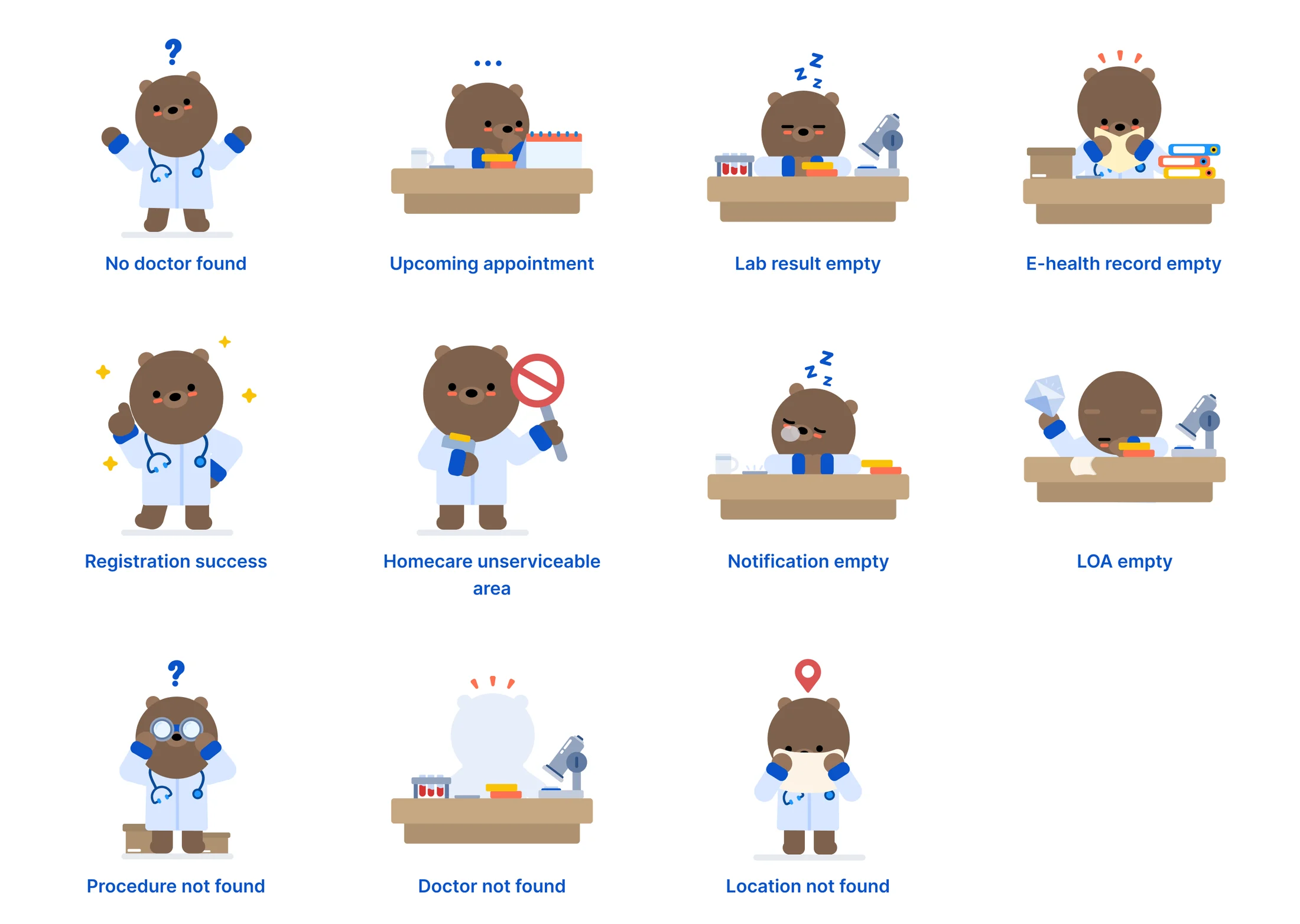 The proposed unified bear mascot in a doctor's coat across eleven interface states, including no doctor found, upcoming appointment, lab result empty, notification empty, homecare unserviceable area, registration success and location not found