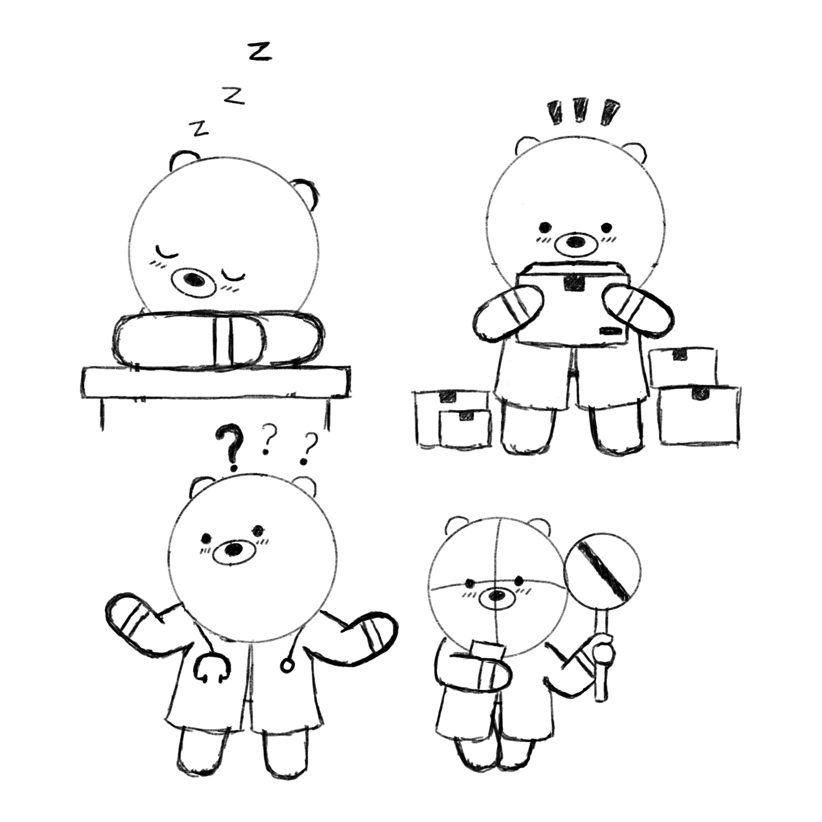 Pencil sketches of the proposed bear mascot in four situations: asleep on a desk, holding a parcel among boxes, shrugging with question marks in a doctor's coat and stethoscope, and holding a no-entry sign