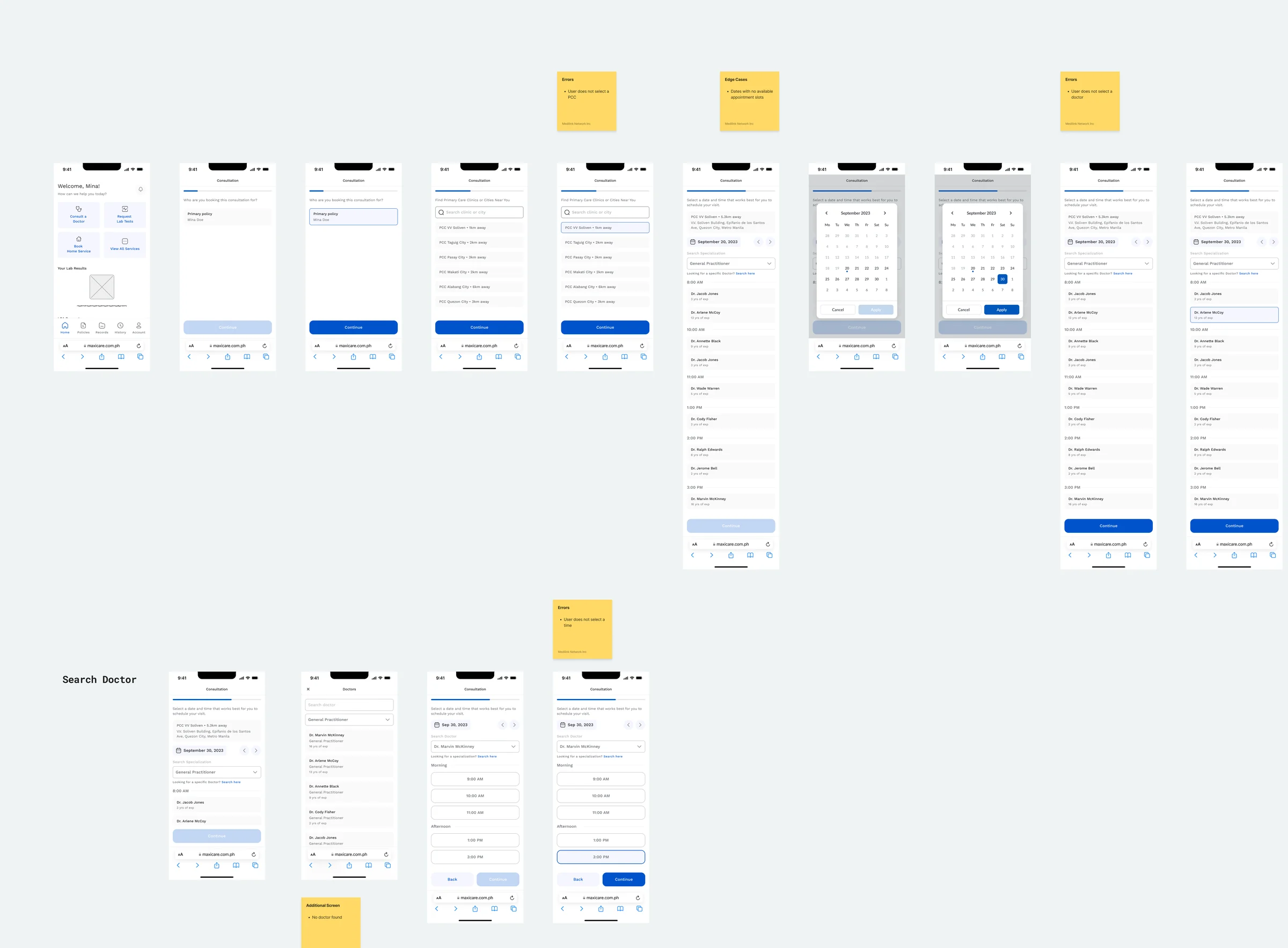 Low fidelity mobile wireframes: the dashboard, the consultation flow from choosing who the booking is for to finding a clinic and picking a date, time and doctor, and a search doctor path, with sticky notes for errors, edge cases and an additional no doctor found screen