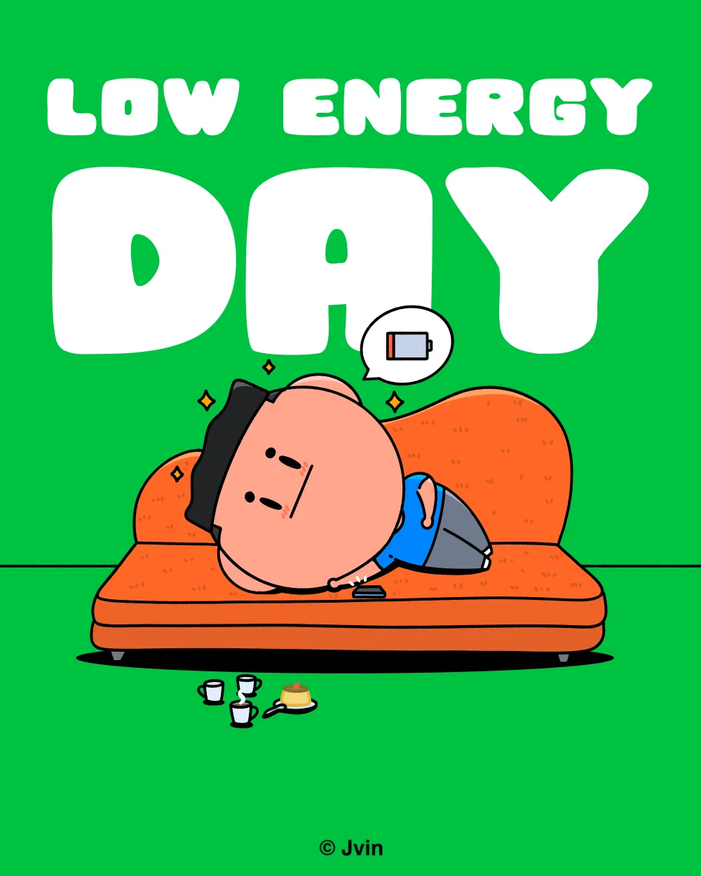 Illustration of the character lying face down on an orange sofa, low battery bubble above, coffee cups and a pudding on the floor
