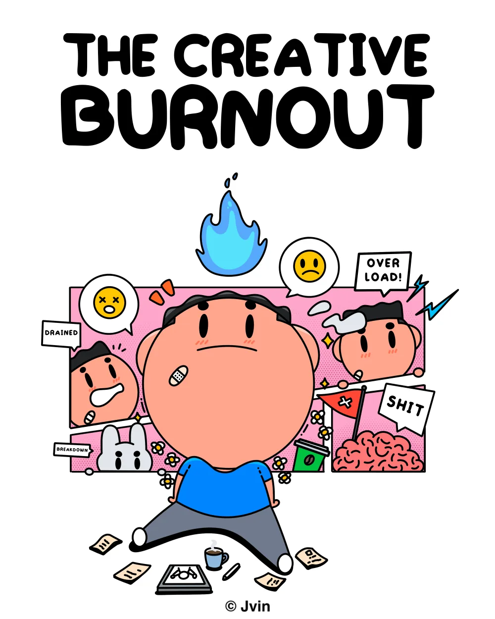 Illustration of the character sitting in front of comic panels of burnout moments, a blue flame above their head