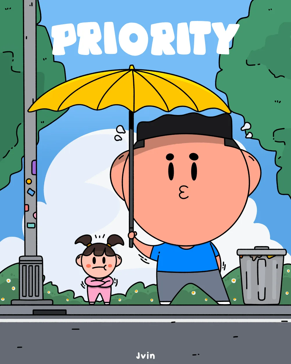 Illustration of the character holding a yellow umbrella over a small girl at a bus stop in the rain