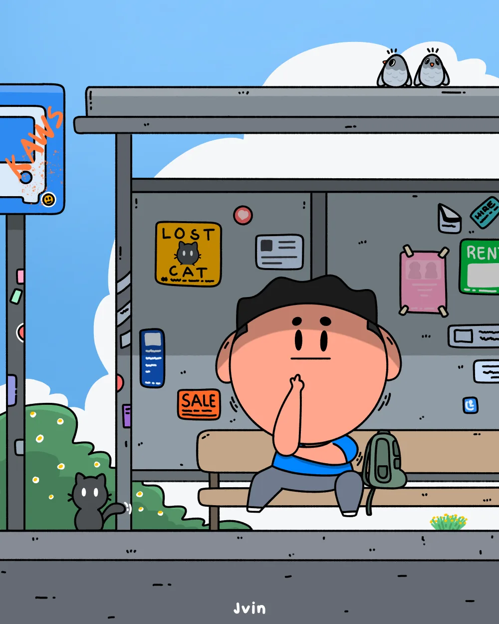Illustration of the character sitting on a bus stop bench surrounded by posters, a cat and two pigeons
