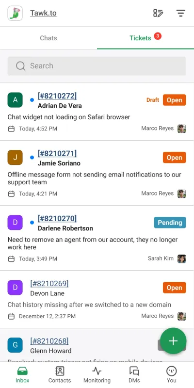 Tawk.to Android Inbox on the Tickets tab, listing support tickets with status labels and assignees