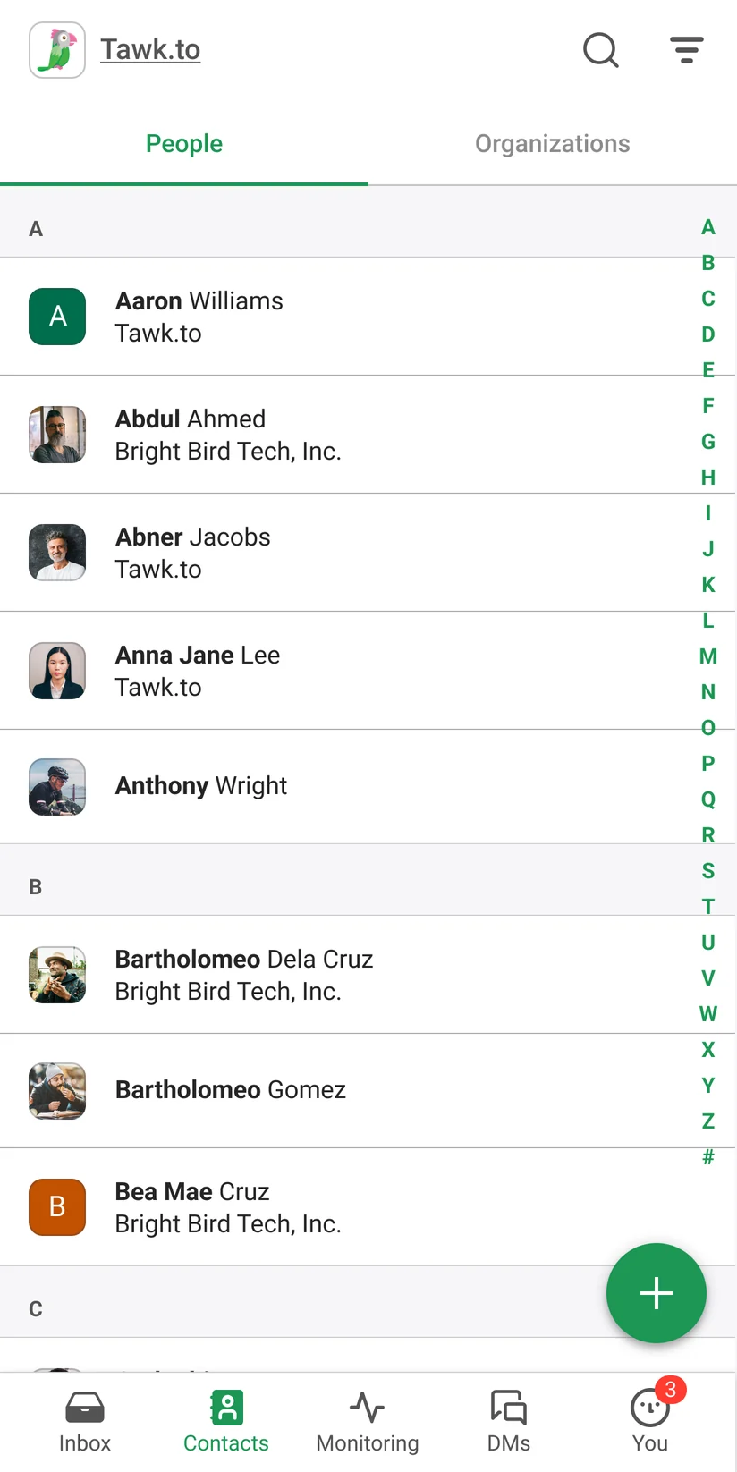 tawk.to Android contacts list with People and Organizations tabs, an A to Z index and an add button